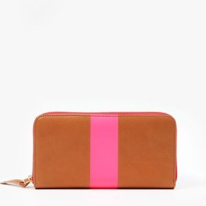 New! Clare V zip wallet in Cuoio with with Neon pink stripe